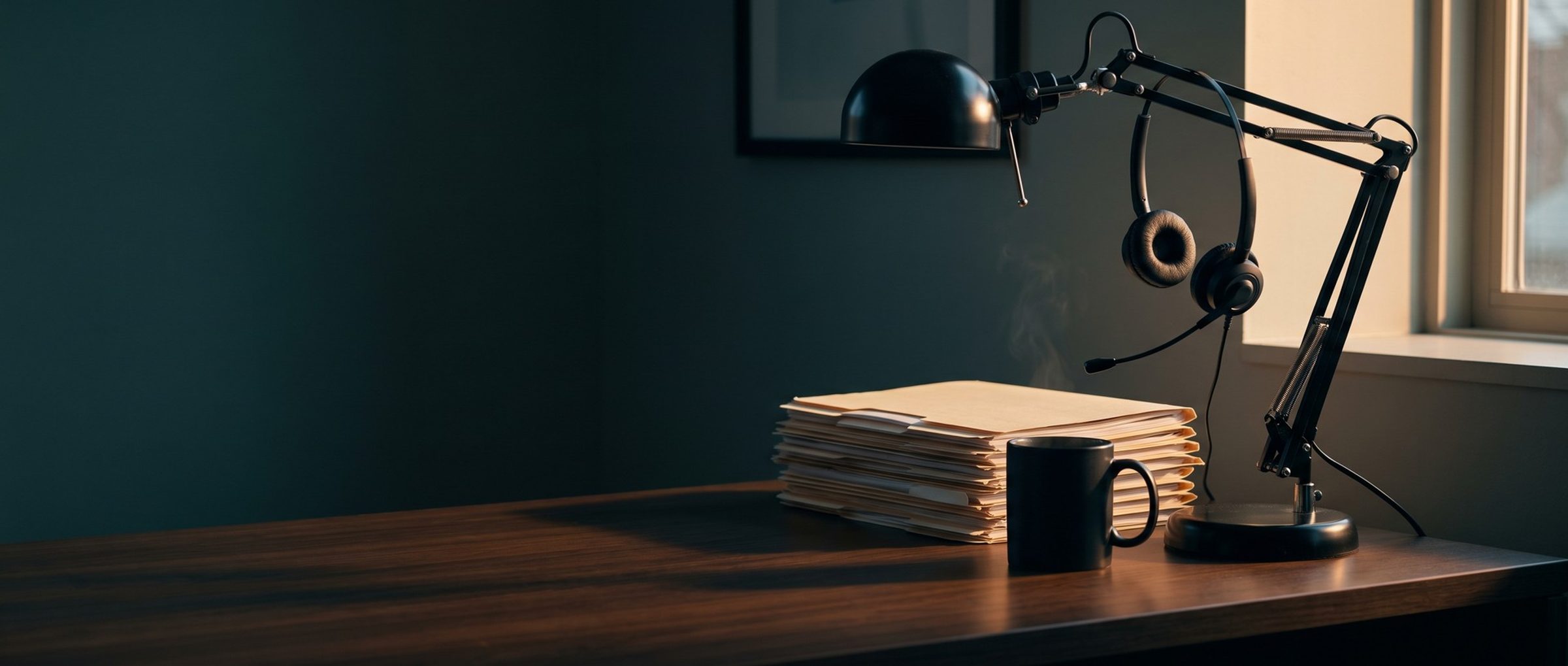 A black office phone headset with a boom microphone hanging from the arm of a switched-off desk lamp in an accounting office at dawn, beside a tall stack of manila client folders and a steaming coffee mug, lit by low morning sun through a window