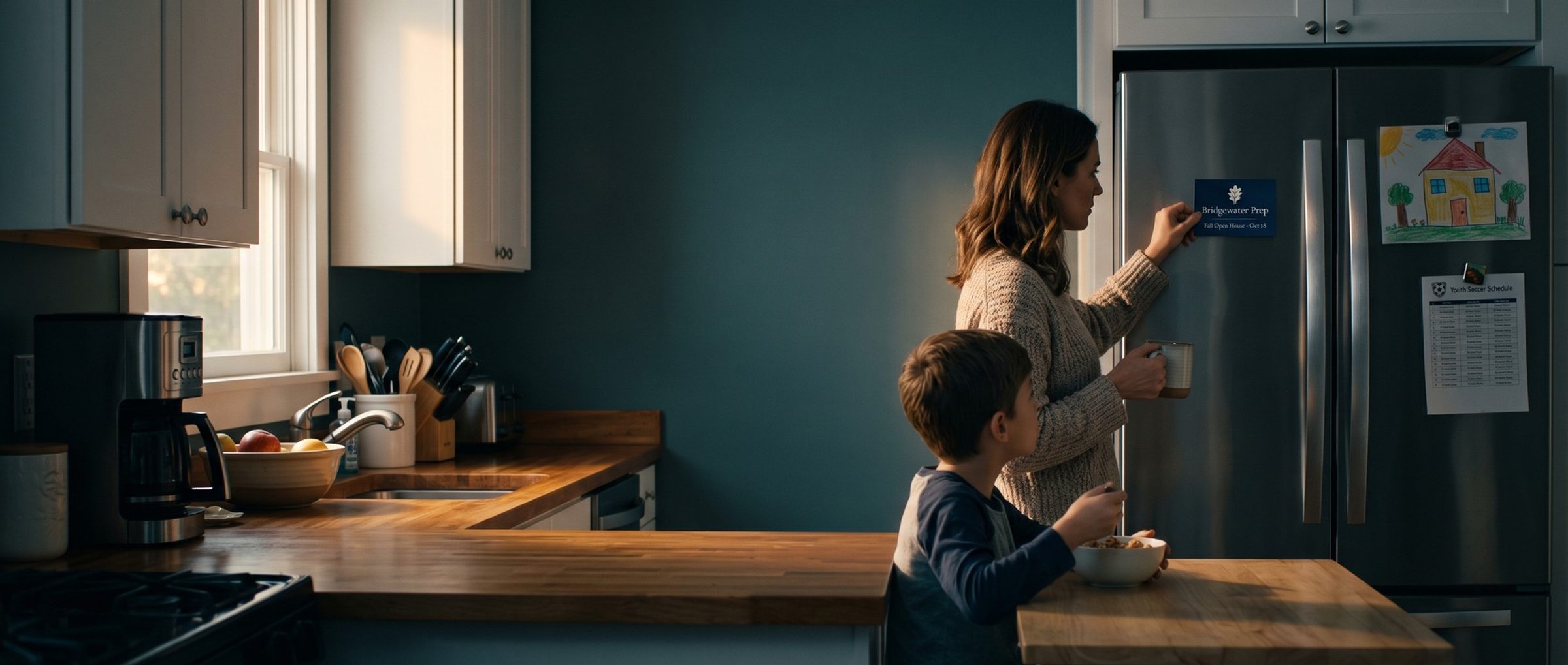 A mother holding a coffee mug pins a navy Bridgewater Prep Fall Open House card to the family fridge while her young son eats cereal at the kitchen counter