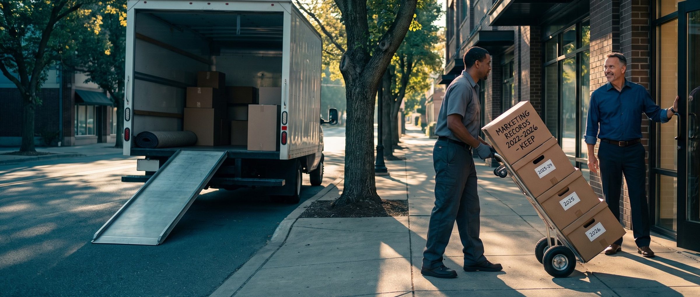 On a sunny office street, a mover wheels a hand truck of file boxes labeled Marketing Records 2022-2026, Keep, out of a small advisory office while the advisor holds the door