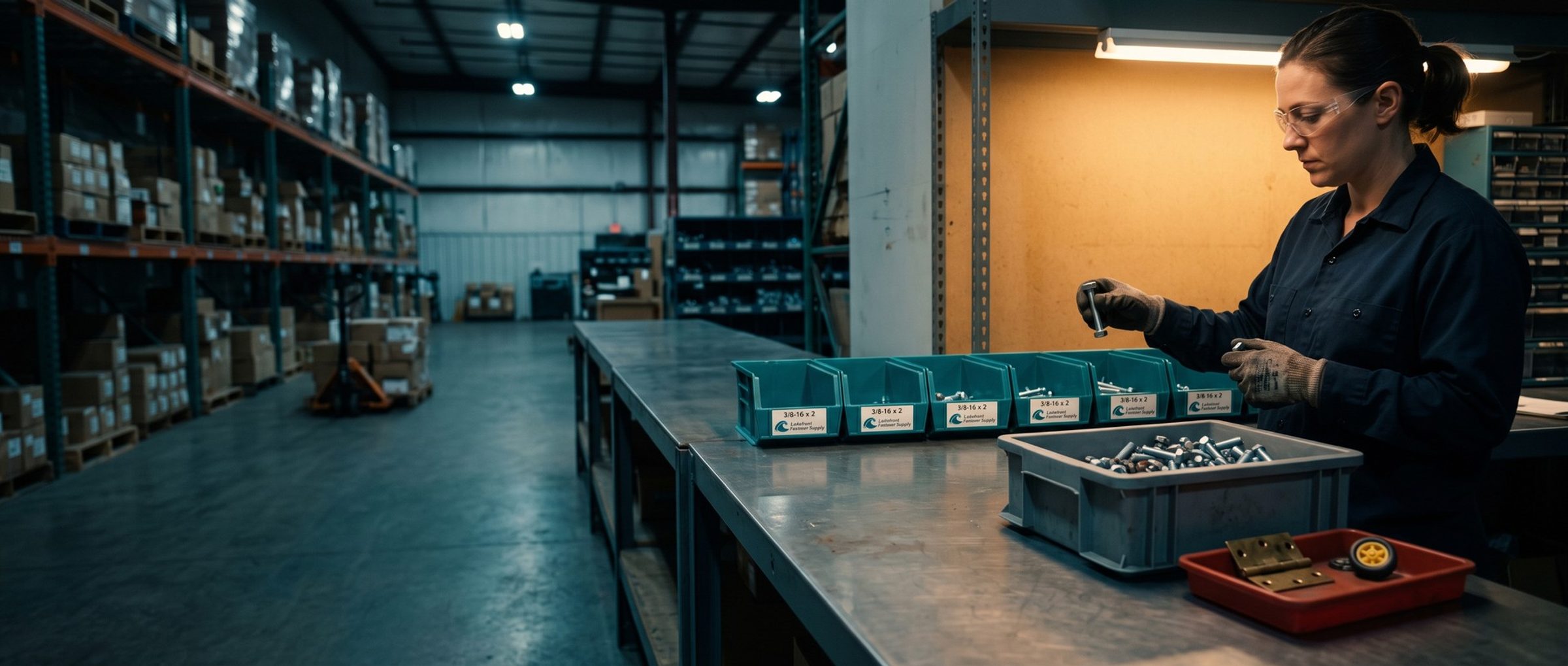 A warehouse worker in safety glasses sorts bolts by hand into labeled teal Lakefront Fastener Supply bins, with a brass hinge and a toy wheel set aside in a red reject tray