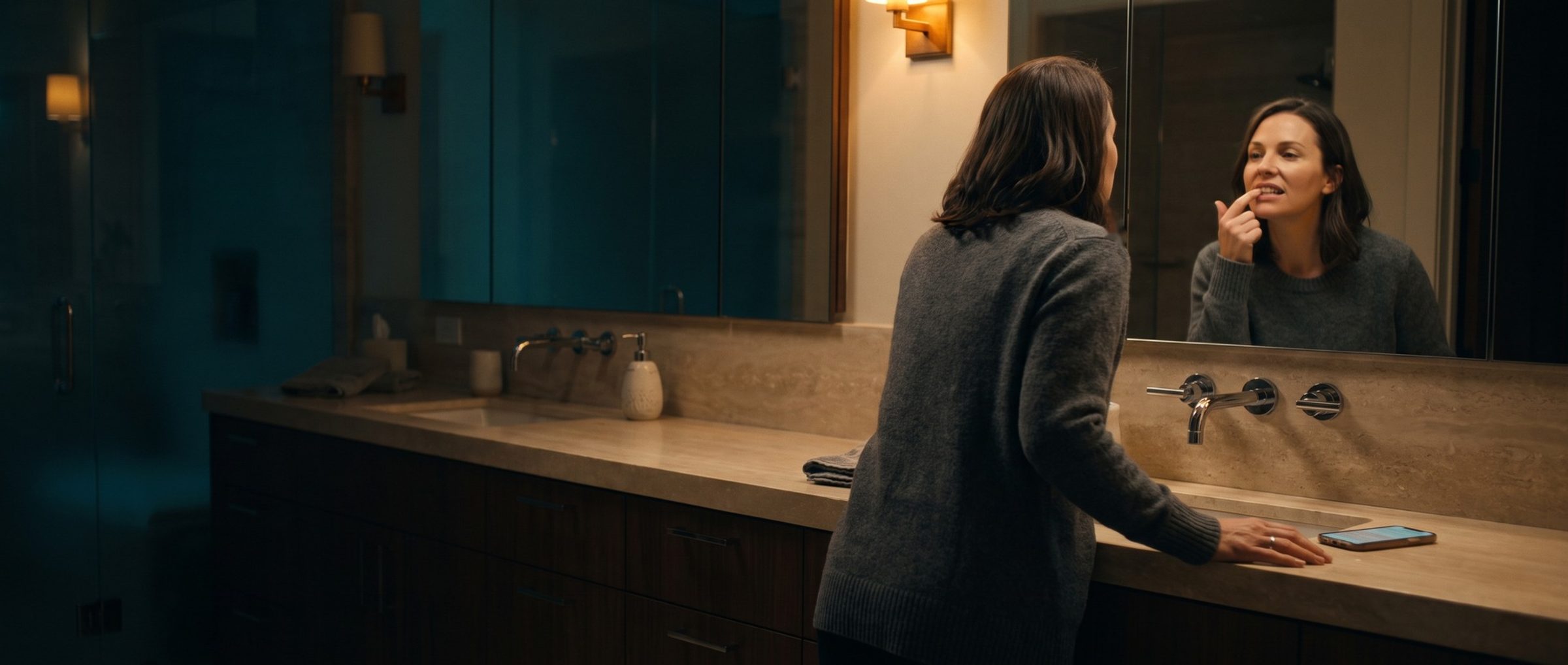 A woman seen from behind at a bathroom vanity late at night, lifting her upper lip with one finger to study her slightly crooked front teeth in the mirror, a phone glowing on the counter beside her hand