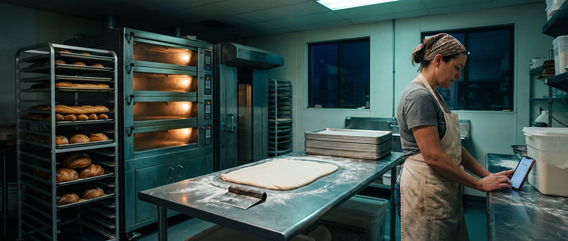 A baker in a flour-dusted apron types a question into Google on a phone propped against a flour bin in a small bakery kitchen before dawn, ovens glowing behind her