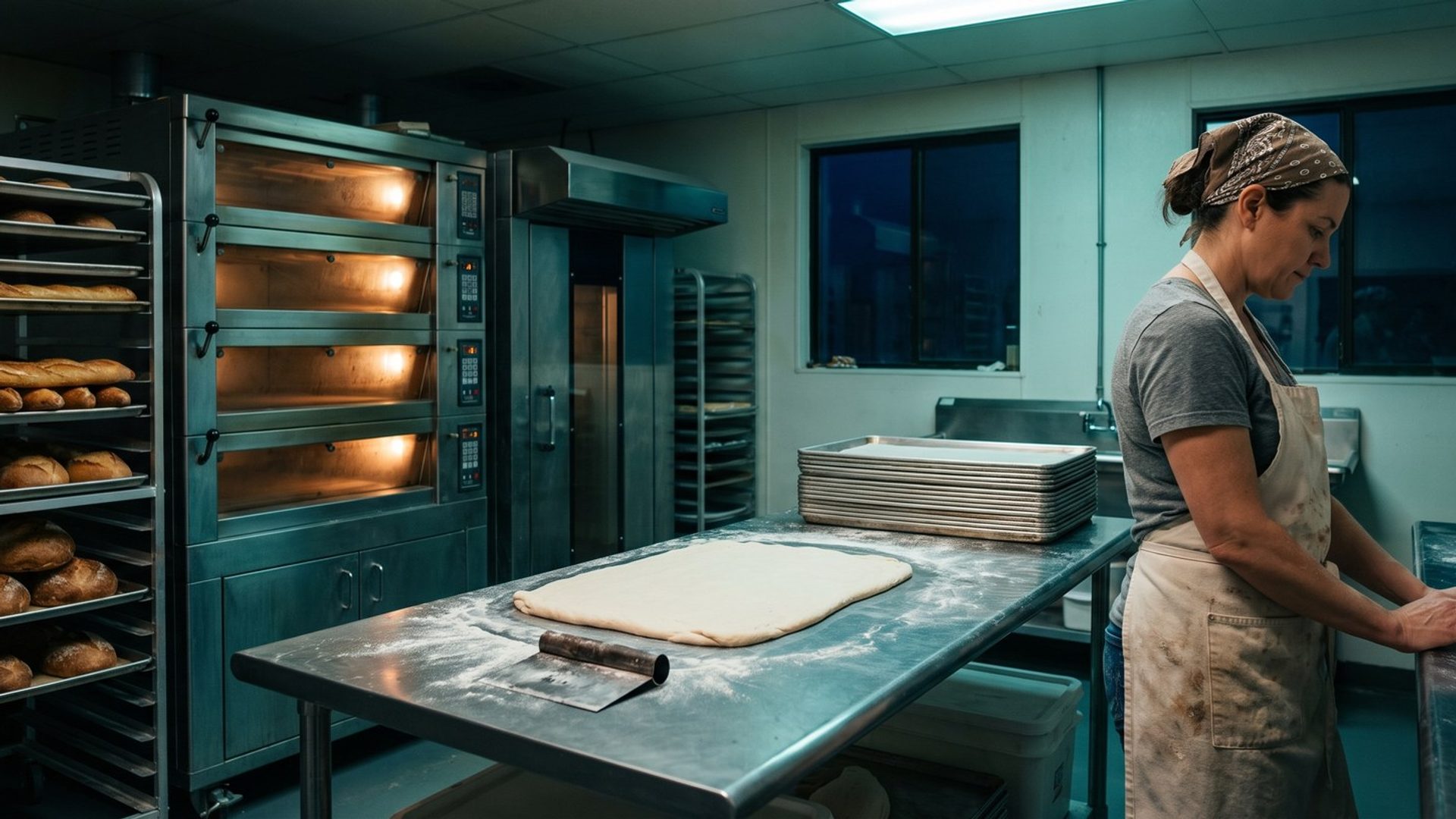 A baker in a flour-dusted apron types a question into Google on a phone propped against a flour bin in a small bakery kitchen before dawn, ovens glowing behind her