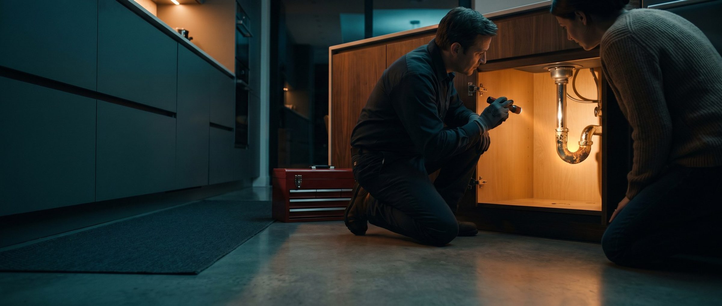 A plumber kneeling at an open kitchen sink cabinet at dusk, shining a flashlight on the corroded bend of a chrome drain trap while the homeowner kneels beside him to look, with a closed red toolbox behind them