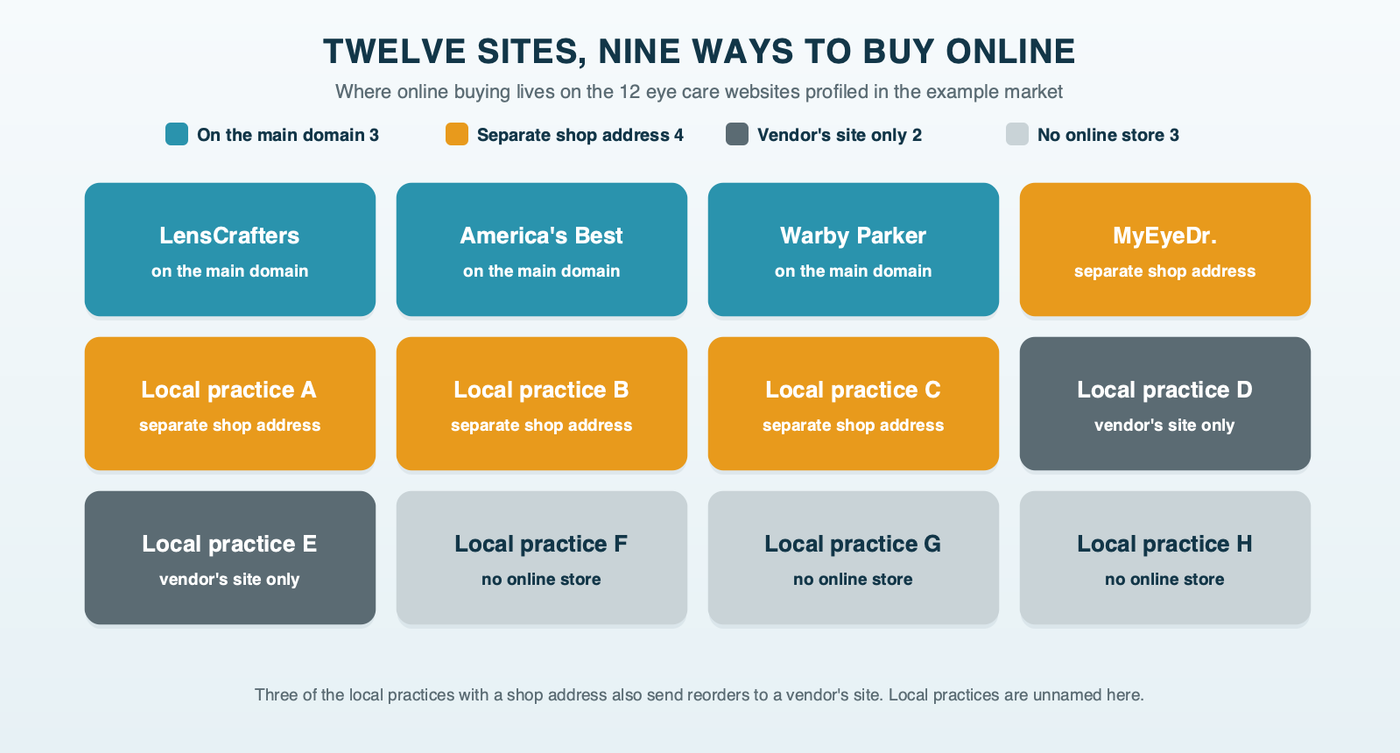 Twelve tiles, one for each eye care website profiled in the example market, colored by where online buying lives: three chains sell on their main domain, four sites run a separate shop address, two send contact lens reorders only to a vendor's site, and three have no online store