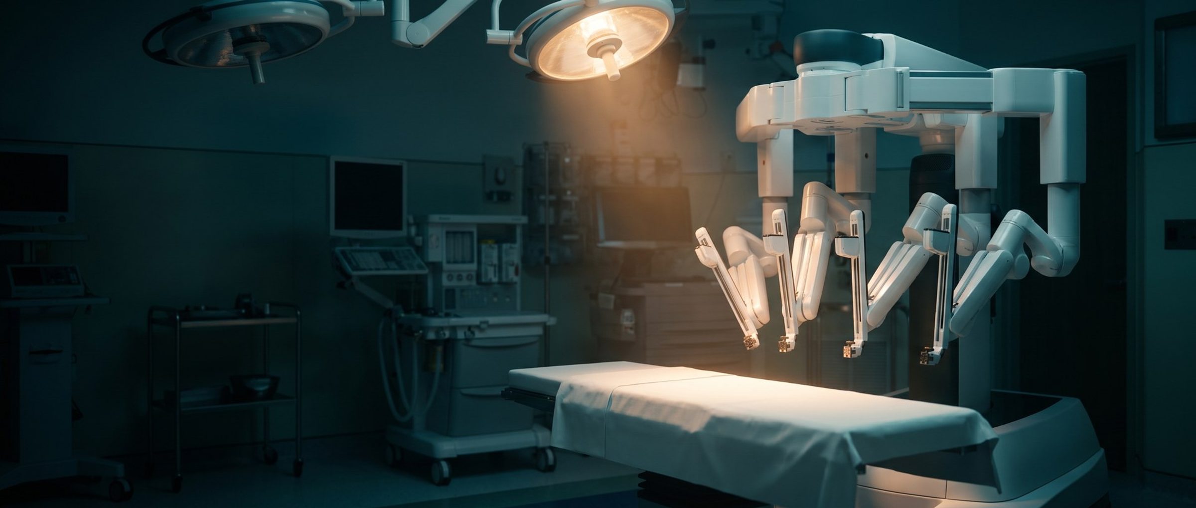 A multi-armed robotic surgery system standing idle over an empty operating table, its white arms caught in the beam of one overhead surgical light in a dark operating room