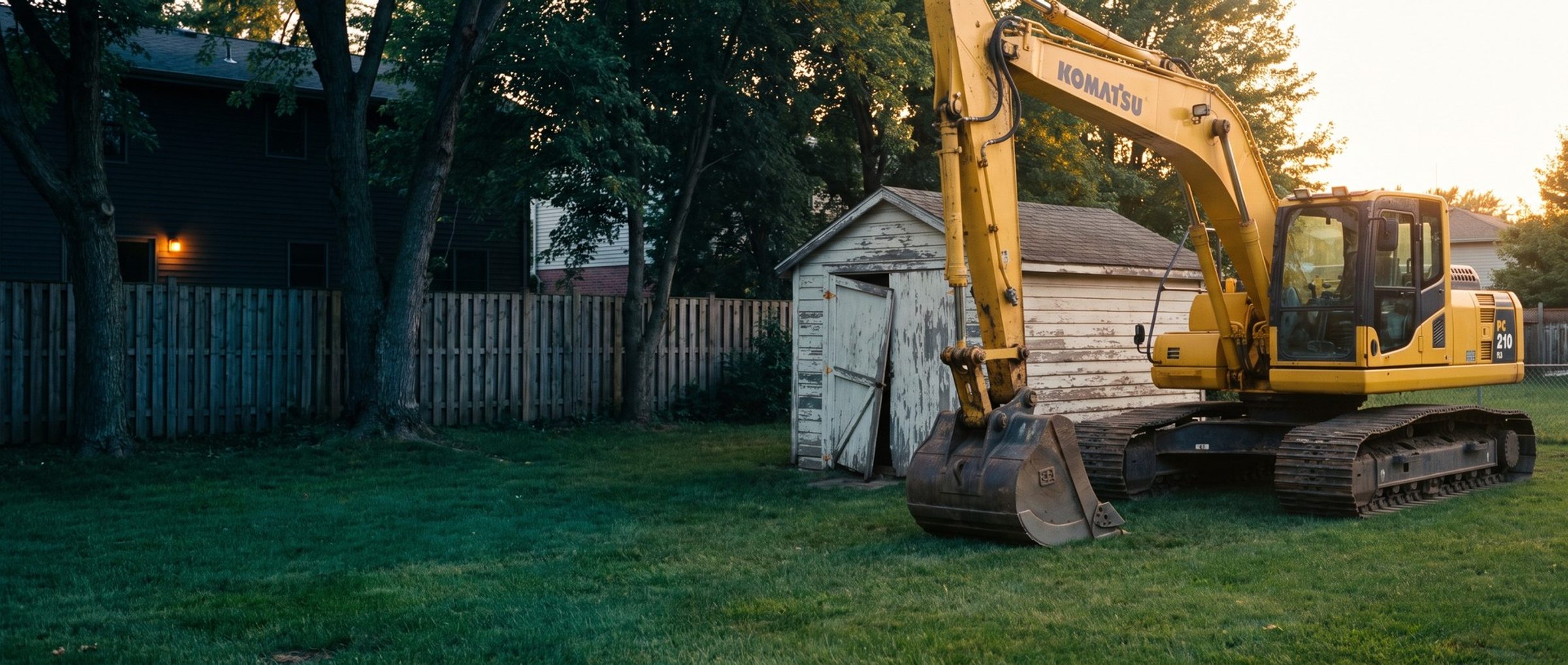 A full-size yellow excavator parked on a backyard lawn at golden hour beside a small weathered garden shed with a loose door