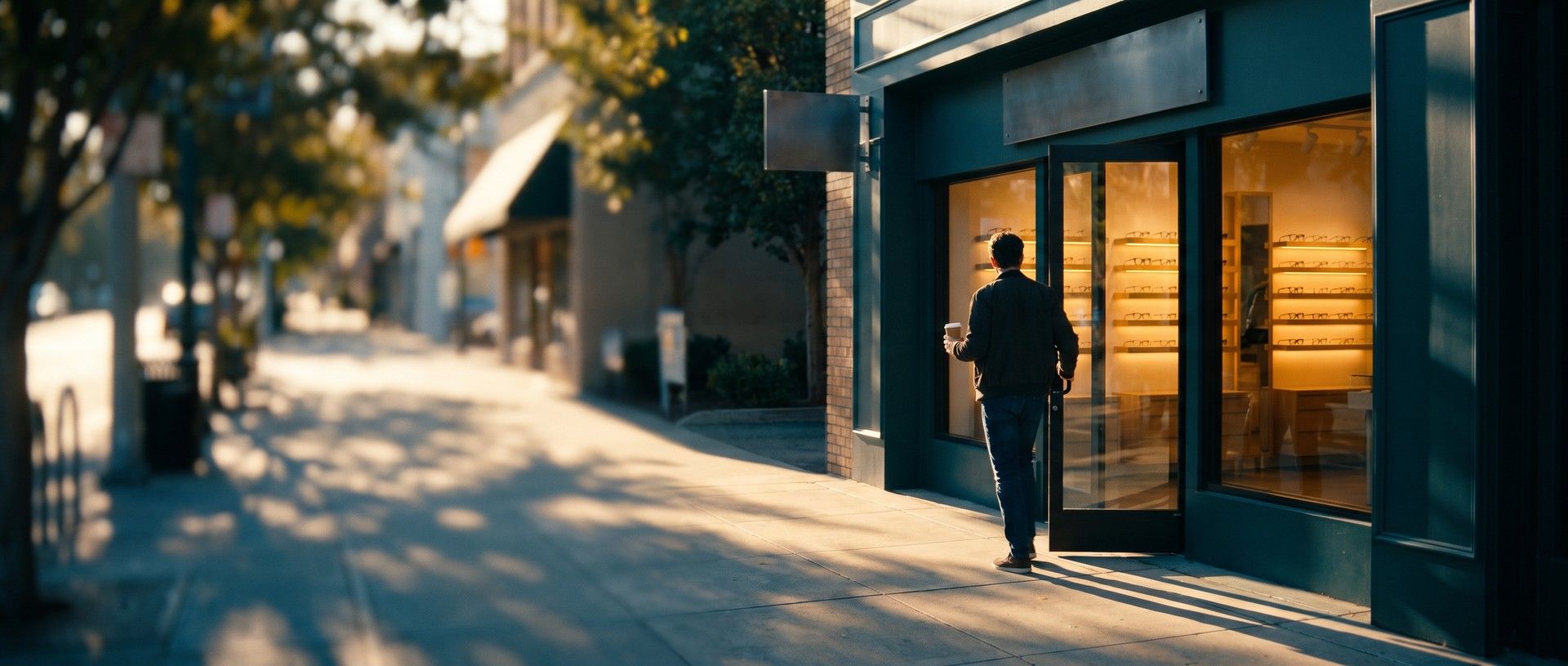 A man holding a coffee pulls open the door of a sunlit neighborhood optometry shop, rows of eyeglass frames glowing on the shelves inside