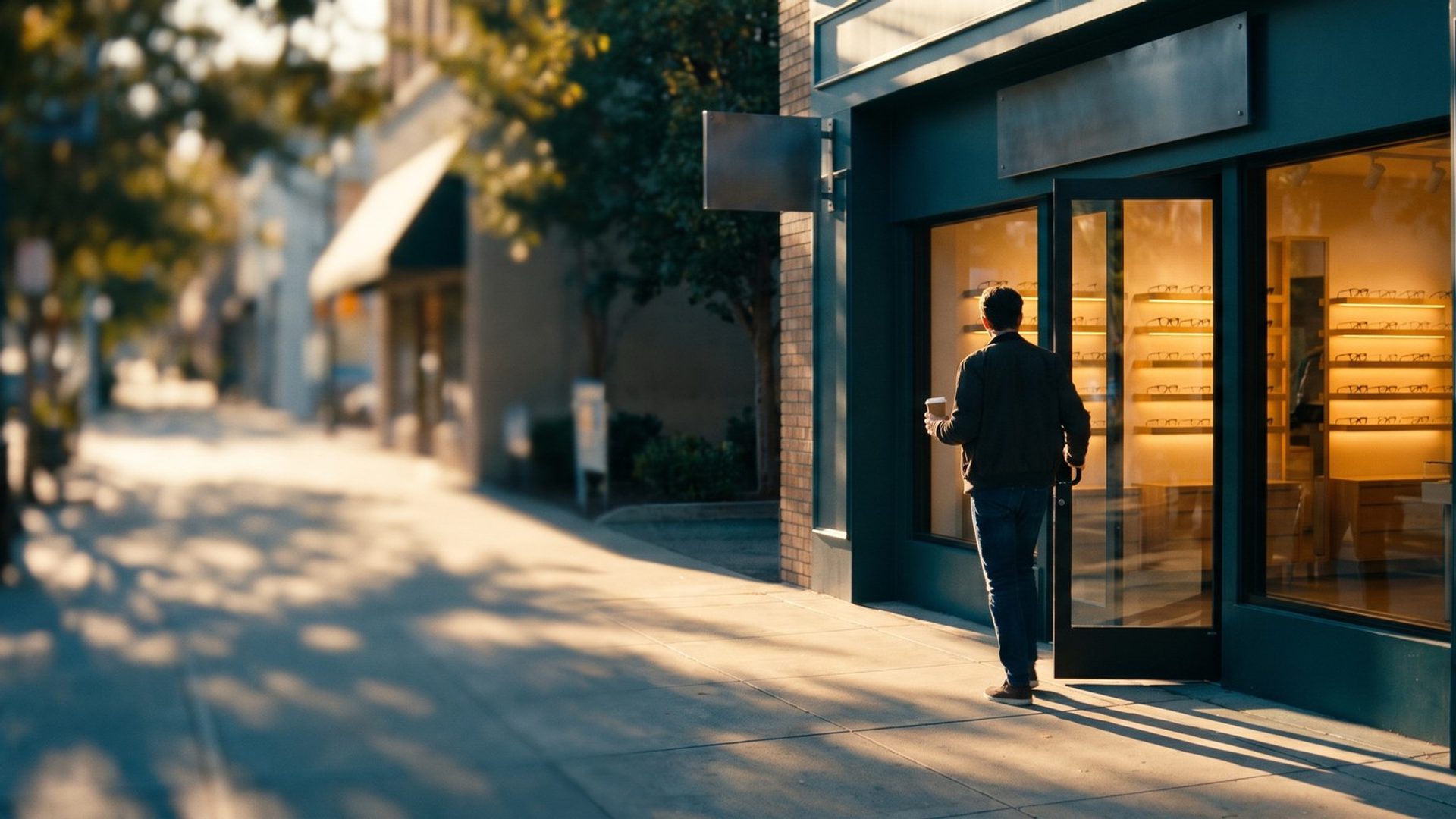 A man holding a coffee pulls open the door of a sunlit neighborhood optometry shop, rows of eyeglass frames glowing on the shelves inside