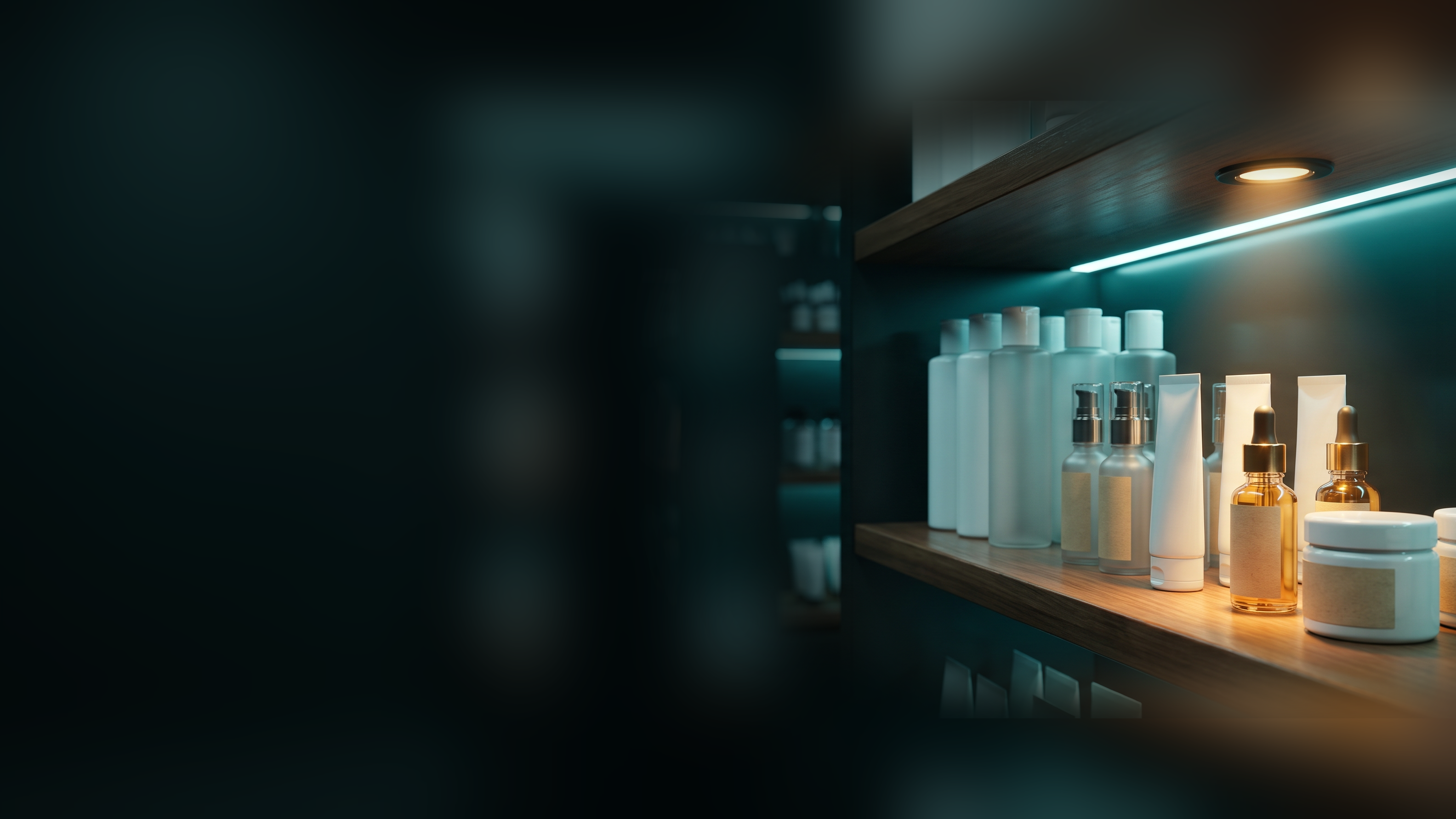 A store shelf lined with unbranded skin care bottles, serums, tubes and jars under cool light