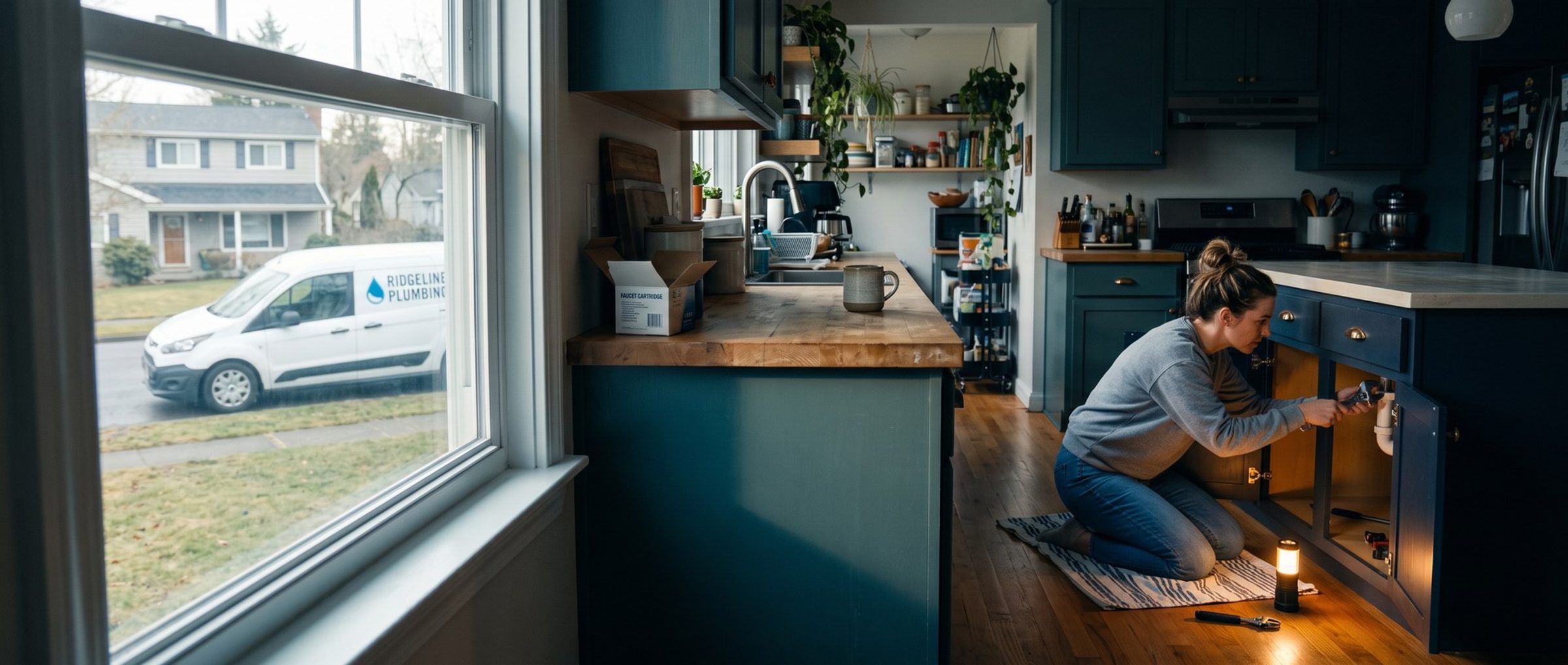 A homeowner kneels at her open kitchen sink cabinet tightening a fitting with a wrench while a Ridgeline Plumbing van is parked across the street outside the window