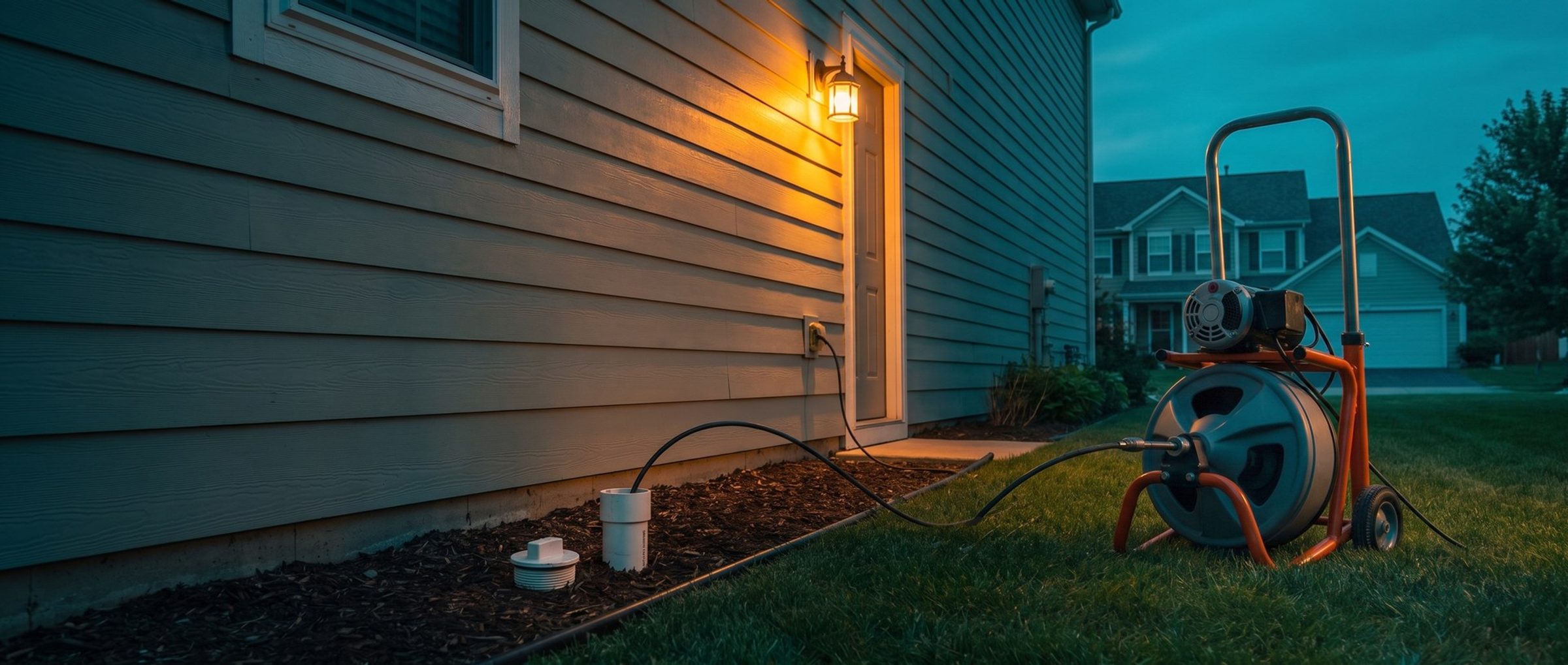 A drum drain cleaning machine on a side-yard lawn at dusk, its black cable running across the grass into a white sewer cleanout pipe beside the house, with a wall light glowing by the side door