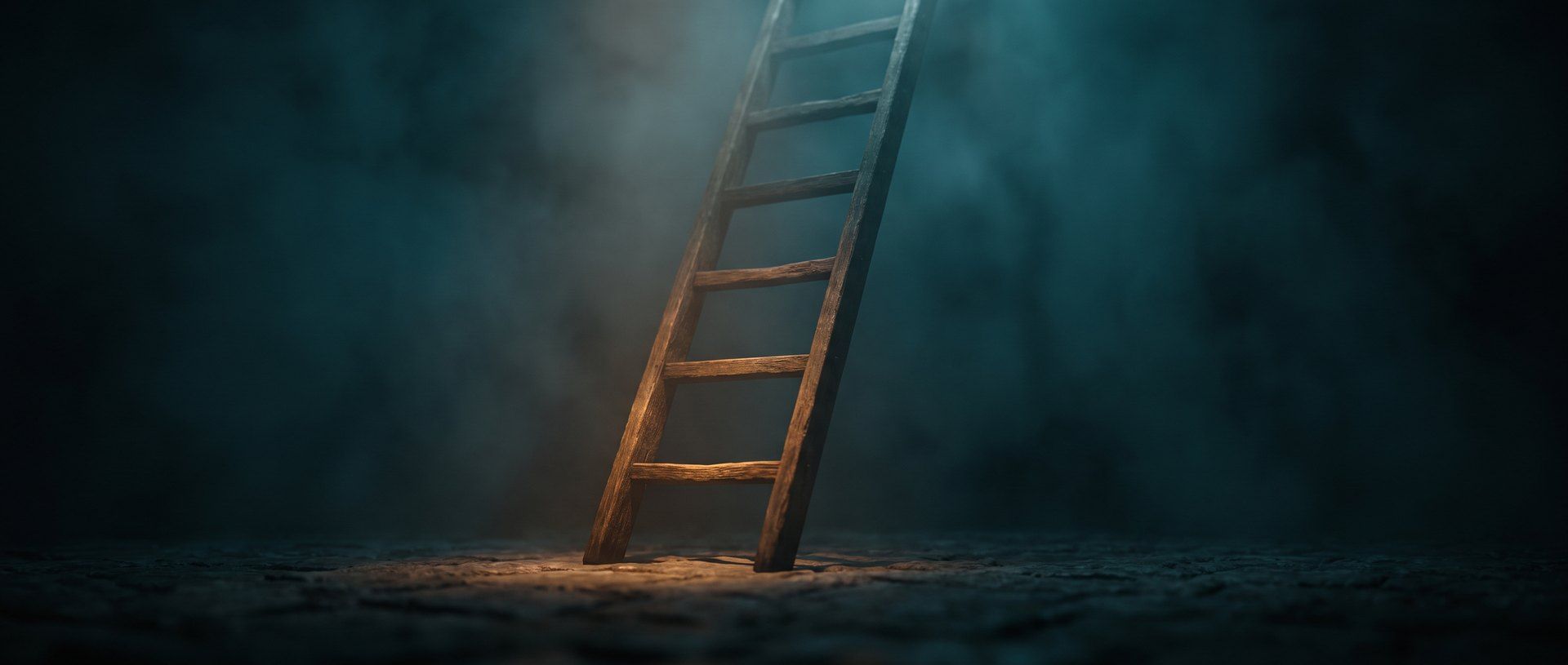 A wooden ladder rising straight up into deep teal darkness, only its bottom rungs catching warm amber light, the top lost in shadow and mist - the next step a visitor can take, and the unknown they can't yet see.