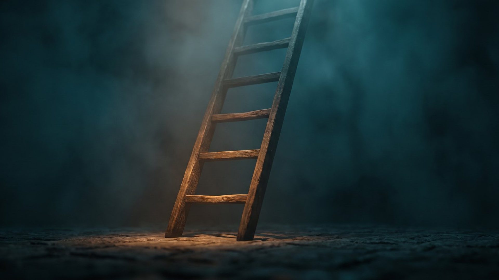 A wooden ladder rising straight up into deep teal darkness, only its bottom rungs catching warm amber light, the top lost in shadow and mist - the next step a visitor can take, and the unknown they can't yet see.