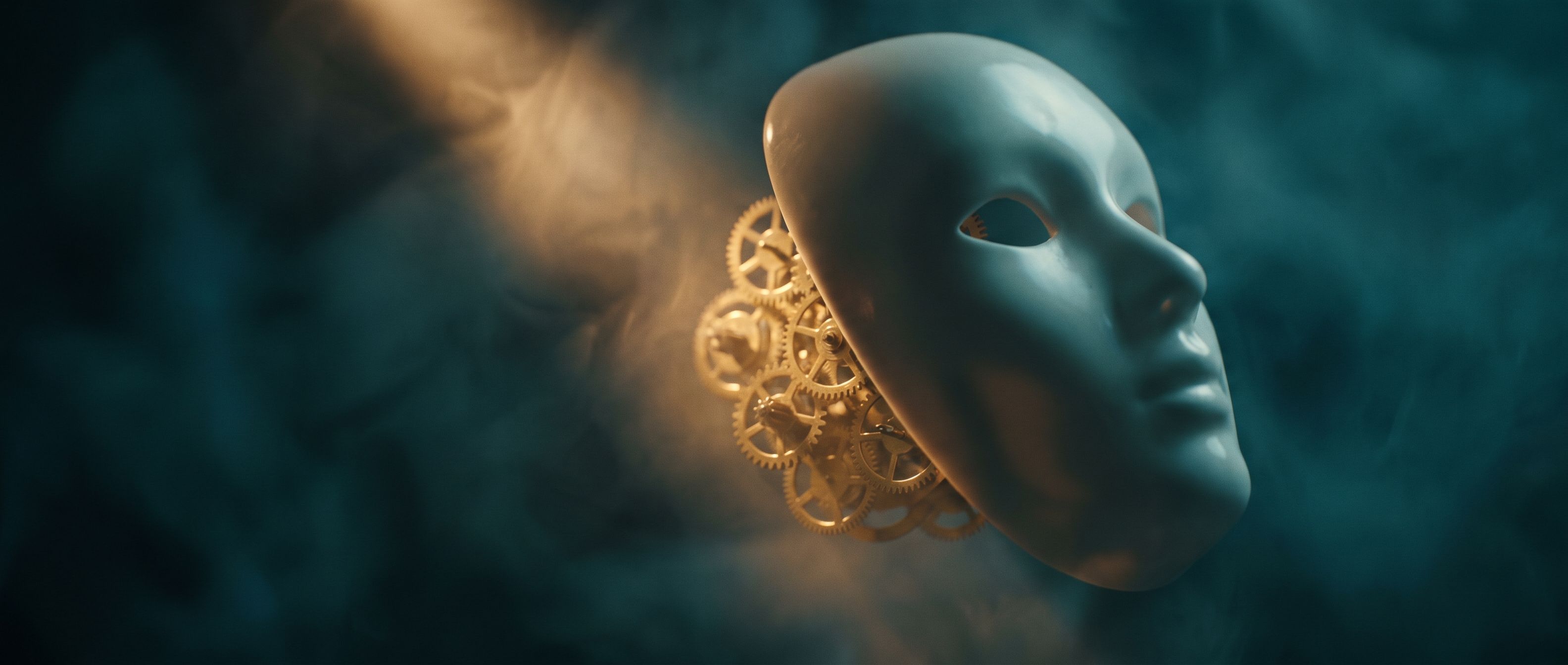 A smooth blank mask tilted away to reveal glowing brass gears behind it, lit warm amber against deep teal shadow - the machine behind a synthetic face.