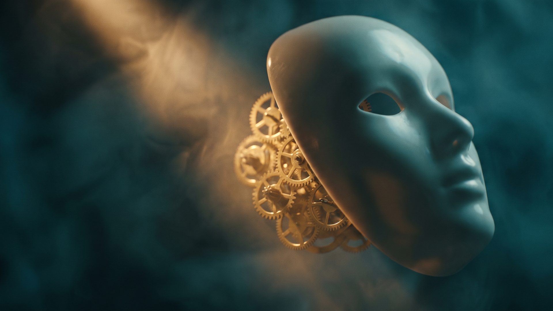 A smooth blank mask tilted away to reveal glowing brass gears behind it, lit warm amber against deep teal shadow - the machine behind a synthetic face.