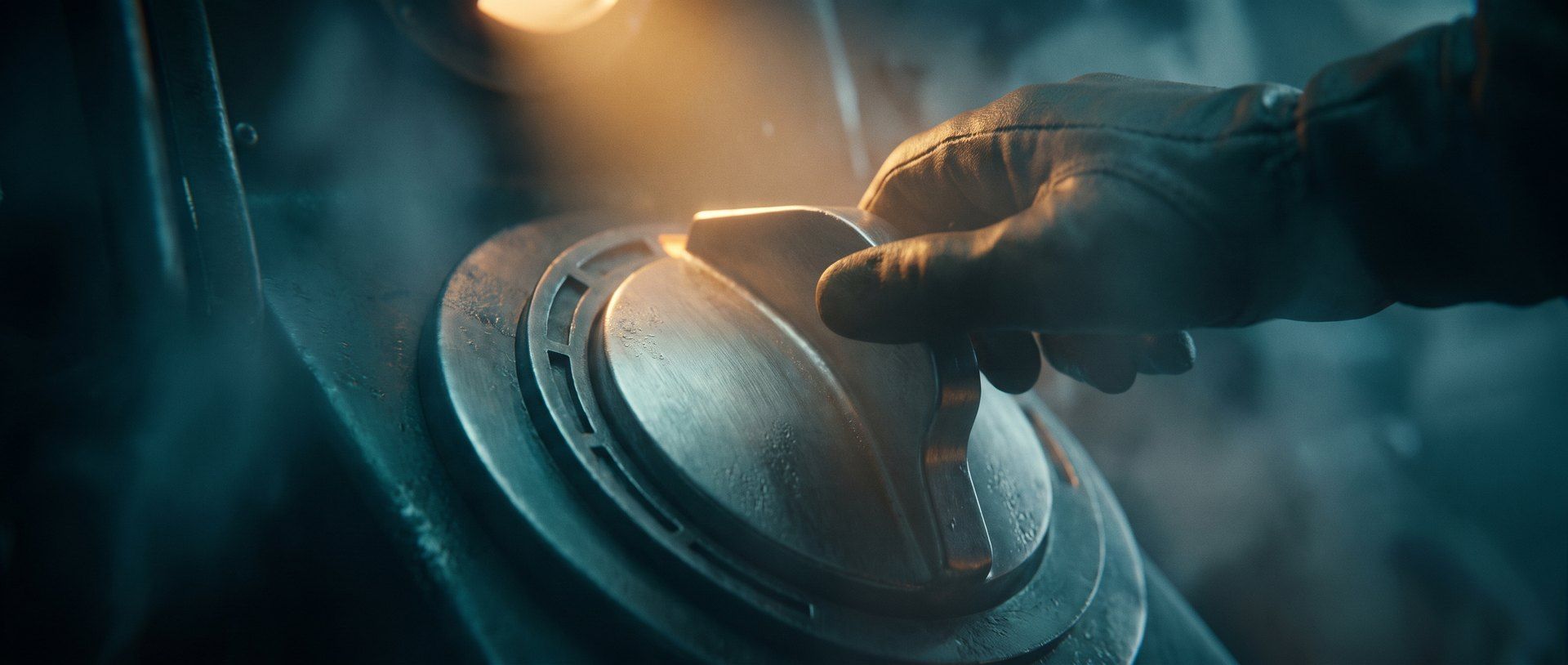 A gloved hand on a brass throttle lever pushed all the way forward to its last notch