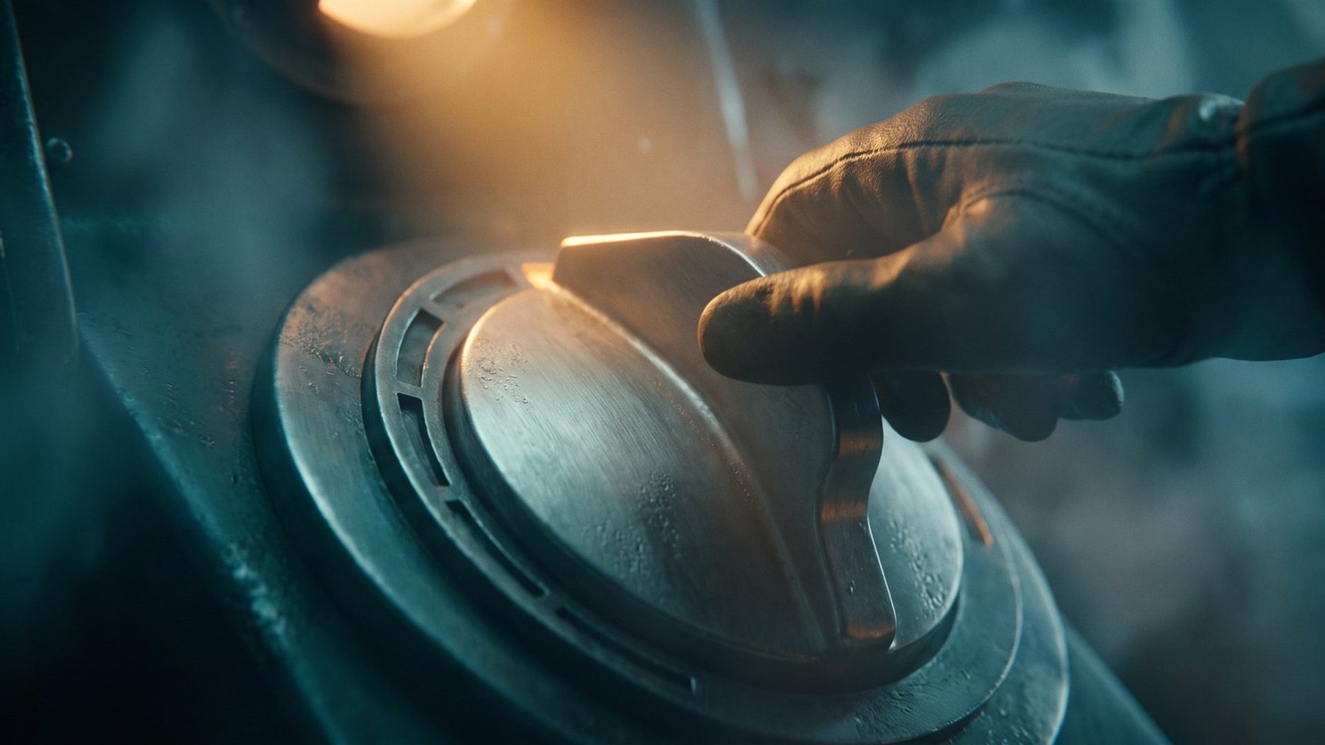 A gloved hand on a brass throttle lever pushed all the way forward to its last notch