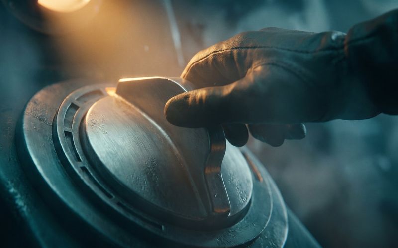 A gloved hand on a brass throttle lever pushed all the way forward to its last notch