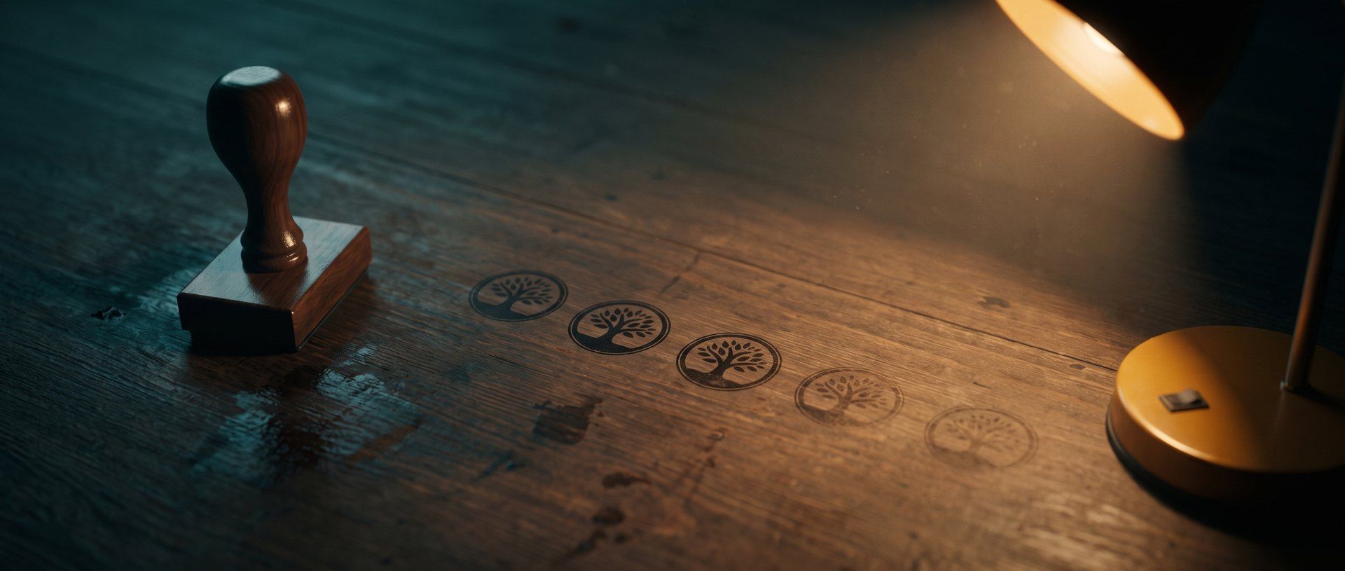 A rubber stamp beside a row of inked impressions, each one fainter than the last