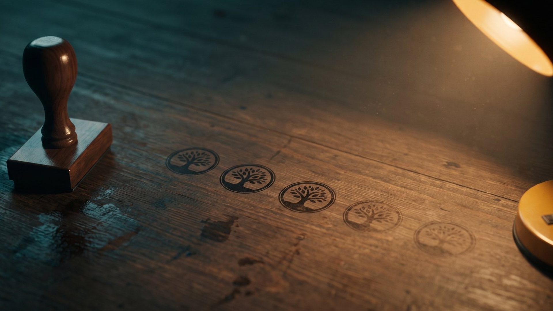A rubber stamp beside a row of inked impressions, each one fainter than the last
