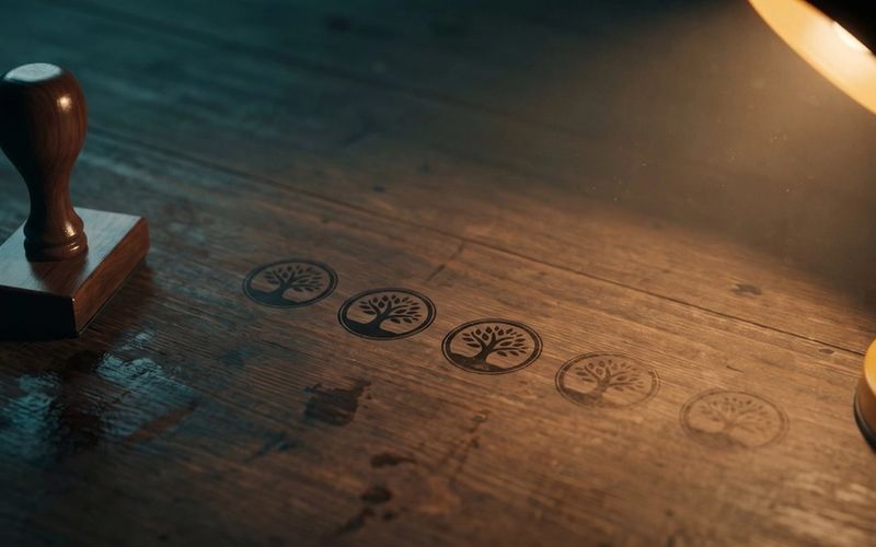 A rubber stamp beside a row of inked impressions, each one fainter than the last