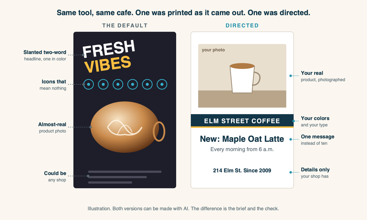A side-by-side comparison of two cafe flyers: on the left, a default AI flyer with a slanted two-word headline, a row of generic icons, and a glossy almost-real latte; on the right, a directed flyer built from a real photo of the cafe's own latte, the shop's colors and type, and one plain message with the address