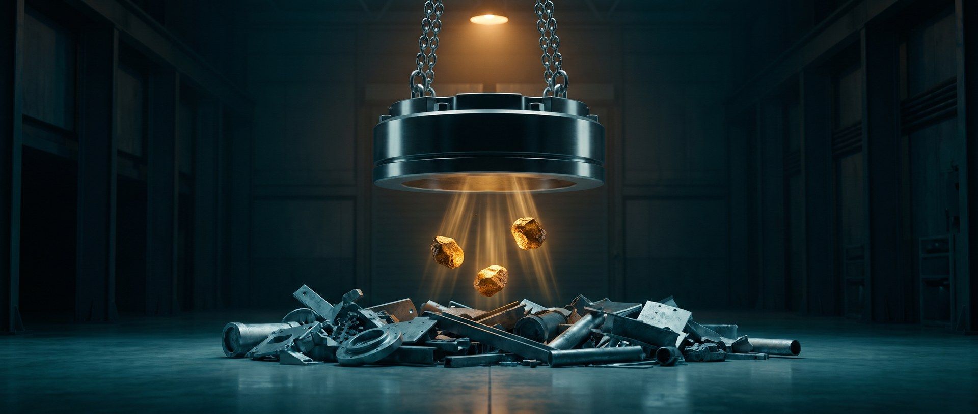 An industrial magnet lifting glowing amber pieces out of a pile of gray scrap