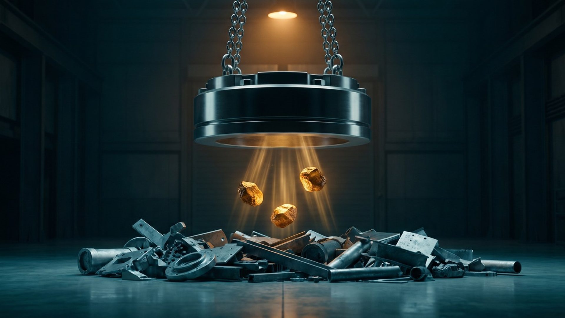 An industrial magnet lifting glowing amber pieces out of a pile of gray scrap