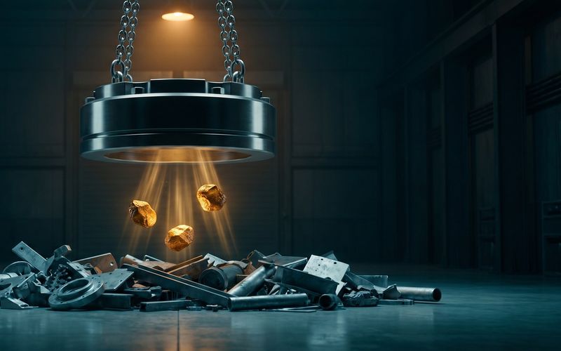 An industrial magnet lifting glowing amber pieces out of a pile of gray scrap