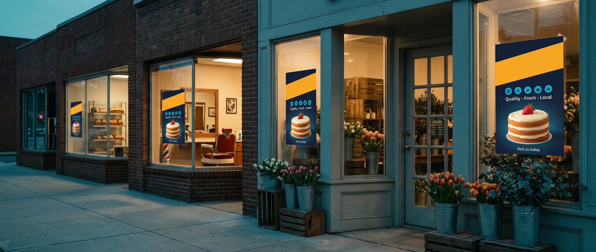 Three different shops on a main street at dusk, a bakery, a barbershop and a flower shop, each with the identical glossy poster in its window: a slanted amber bar, a row of icons and the same too-perfect layer cake.