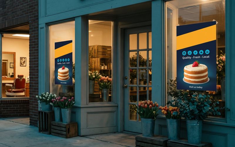Three different shops on a main street at dusk, a bakery, a barbershop and a flower shop, each with the identical glossy poster in its window: a slanted amber bar, a row of icons and the same too-perfect layer cake.