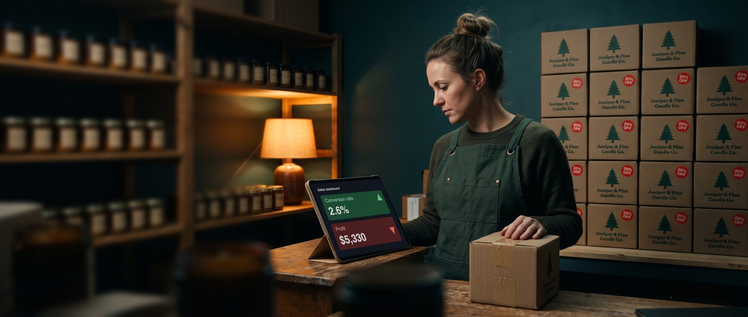 A candle-store owner in a forest-green apron rests her hand on a shipping box at her packing bench, reading a tablet that shows conversion rate 2.6% up and profit $5,330 down, in front of a wall of Juniper & Pine Candle Co. boxes with 20% OFF stickers