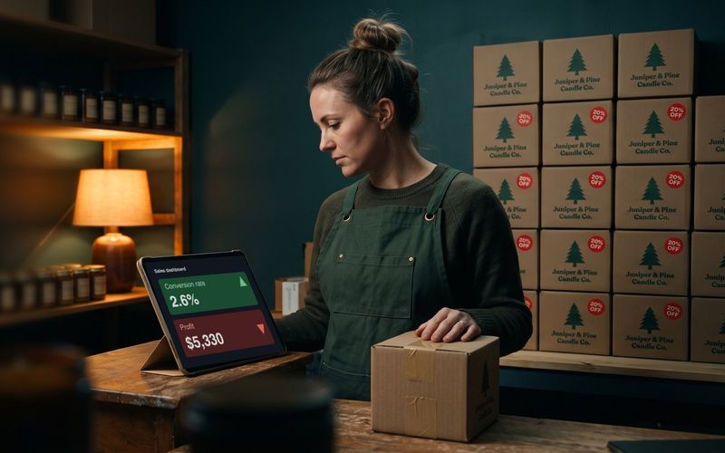 A candle-store owner in a forest-green apron rests her hand on a shipping box at her packing bench, reading a tablet that shows conversion rate 2.6% up and profit $5,330 down, in front of a wall of Juniper & Pine Candle Co. boxes with 20% OFF stickers