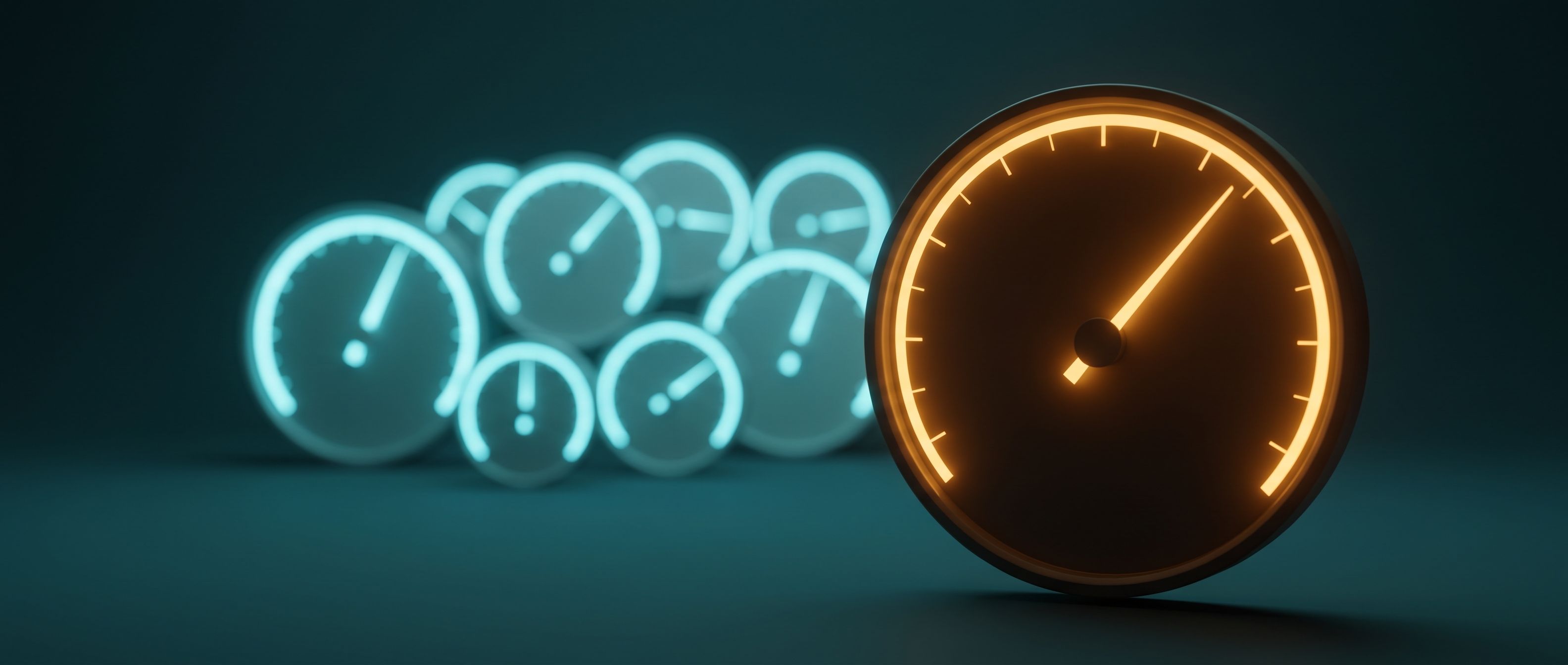 A cluster of cool-blue gauges with one large amber gauge whose needle sweeps upward - the number that actually moves when you test the right things.