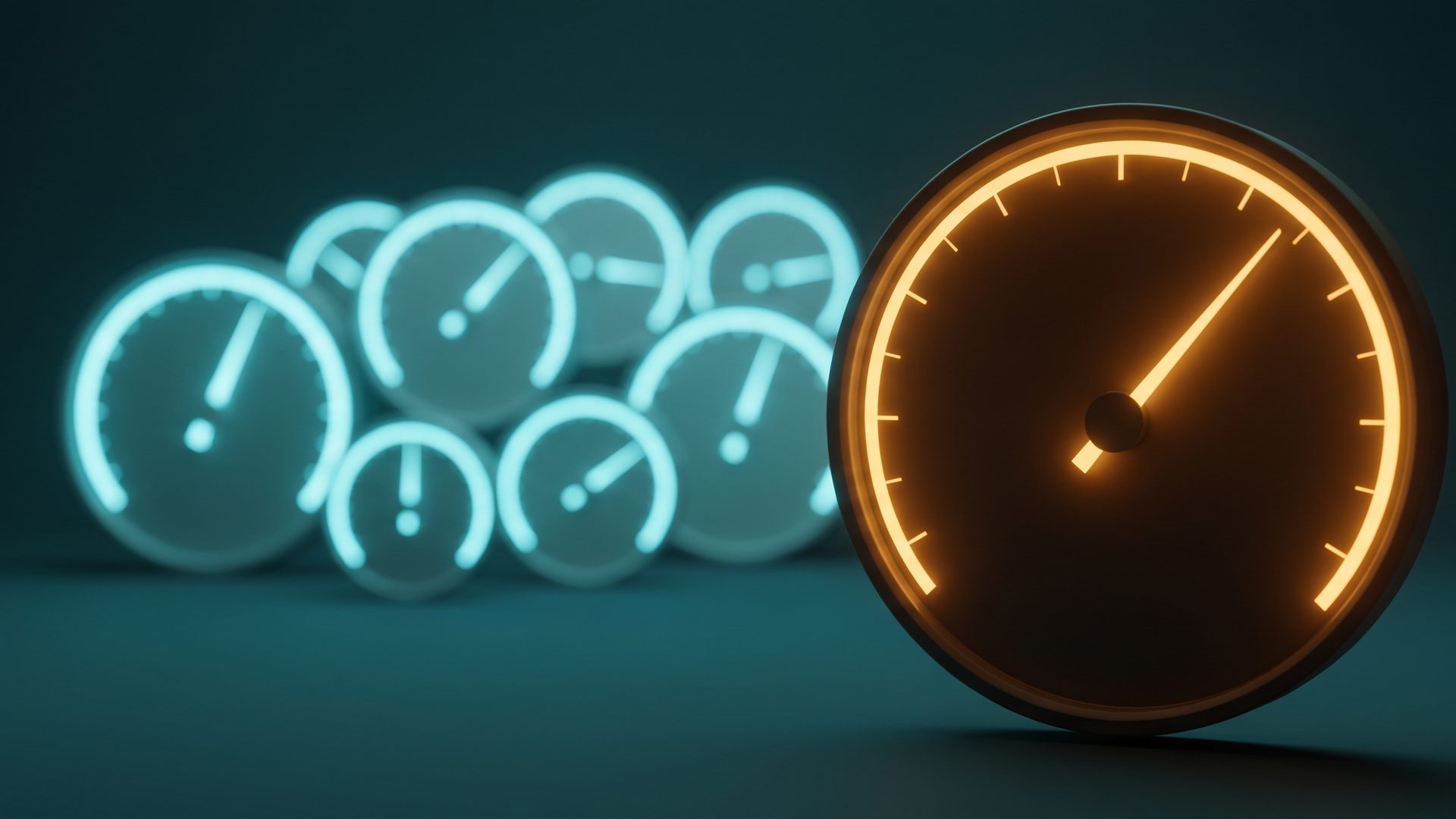 A cluster of cool-blue gauges with one large amber gauge whose needle sweeps upward - the number that actually moves when you test the right things.
