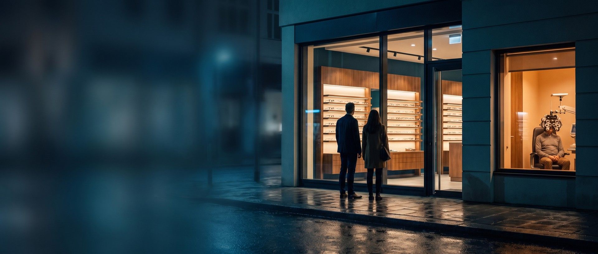 Two people on a wet street at night look into an optometry shop window full of glowing eyeglass frames, while through the next window a patient sits in an amber-lit exam chair behind a phoropter