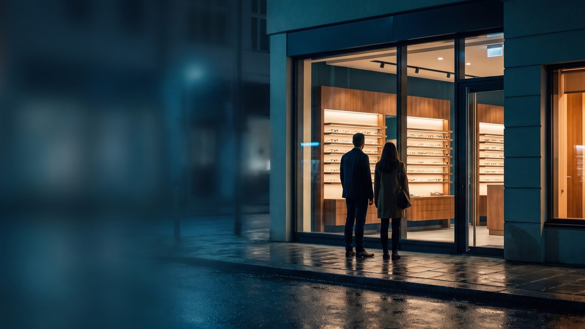 Two people on a wet street at night look into an optometry shop window full of glowing eyeglass frames, while through the next window a patient sits in an amber-lit exam chair behind a phoropter