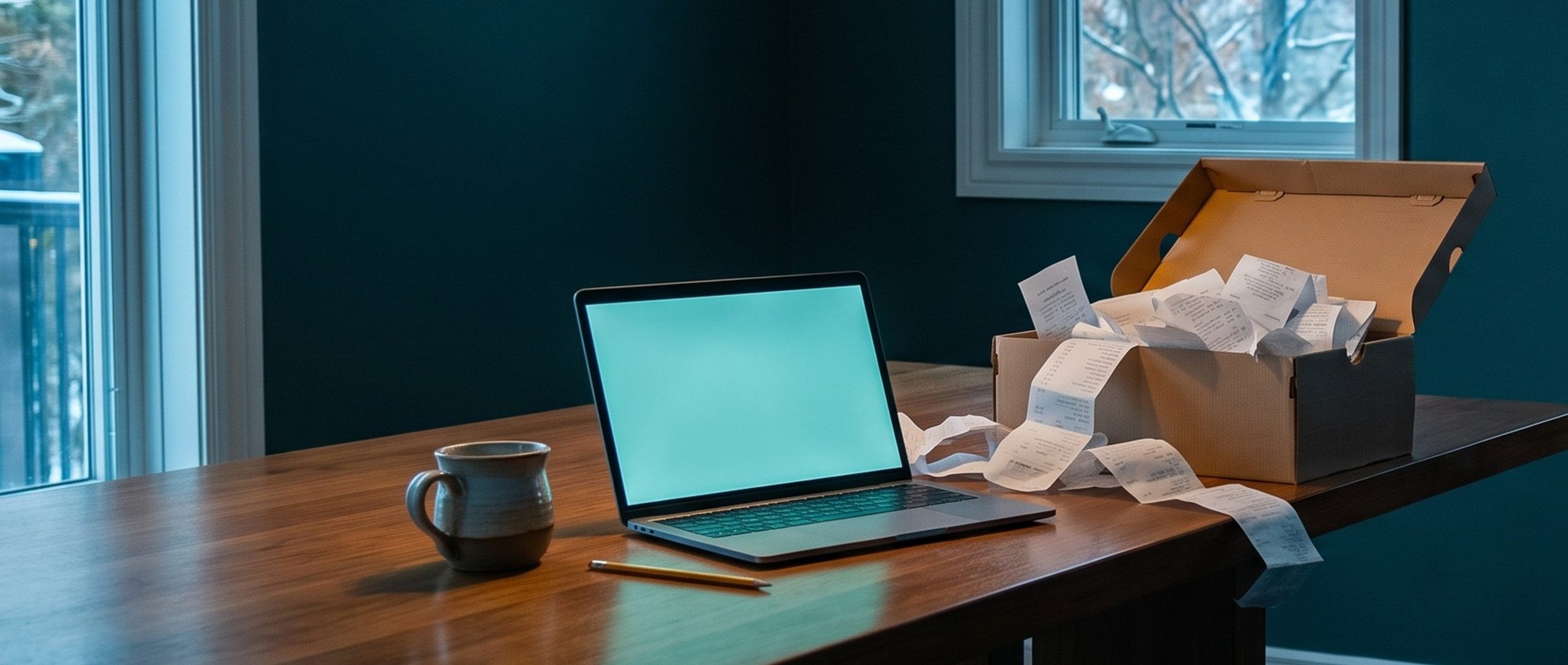 A dark teal dining room on a winter afternoon: an open shoebox overflowing with paper receipts spills across a wooden table beside a laptop with a blank glowing screen, a coffee mug and a pencil