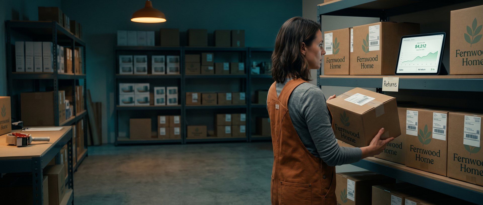 A store owner in a rust-colored work apron sets a returned Fernwood Home shipping box onto a stockroom shelf labeled Returns, beside a tablet showing weekly sales rising in green and an ad return of 3.1x