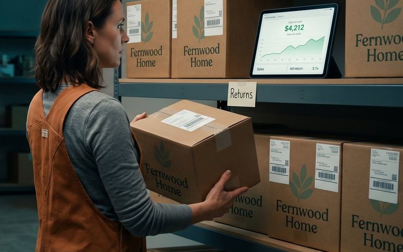 A store owner in a rust-colored work apron sets a returned Fernwood Home shipping box onto a stockroom shelf labeled Returns, beside a tablet showing weekly sales rising in green and an ad return of 3.1x