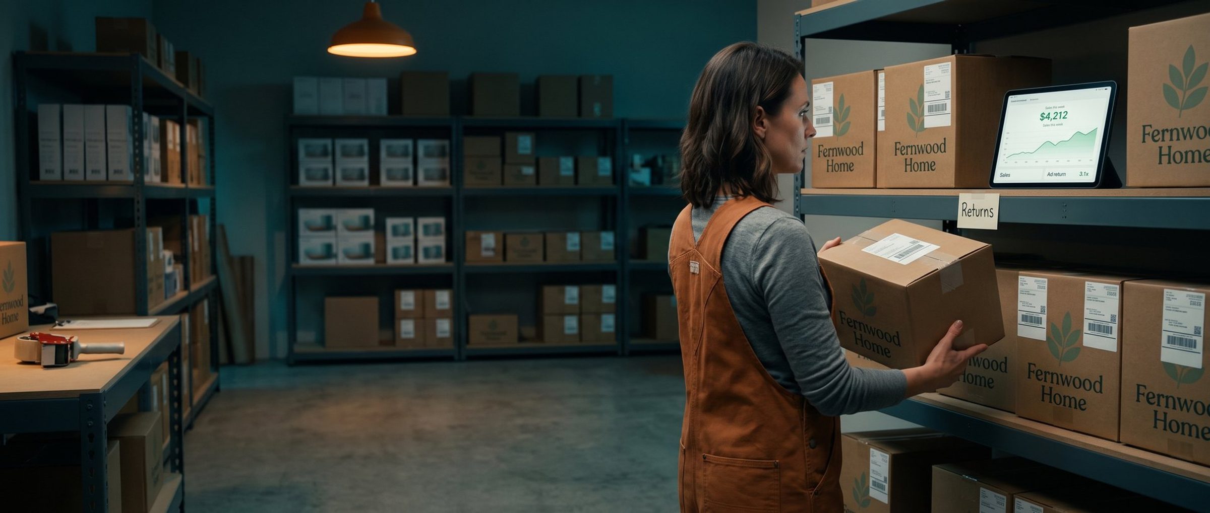 A store owner in a rust-colored work apron sets a returned Fernwood Home shipping box onto a stockroom shelf labeled Returns, beside a tablet showing weekly sales rising in green and an ad return of 3.1x