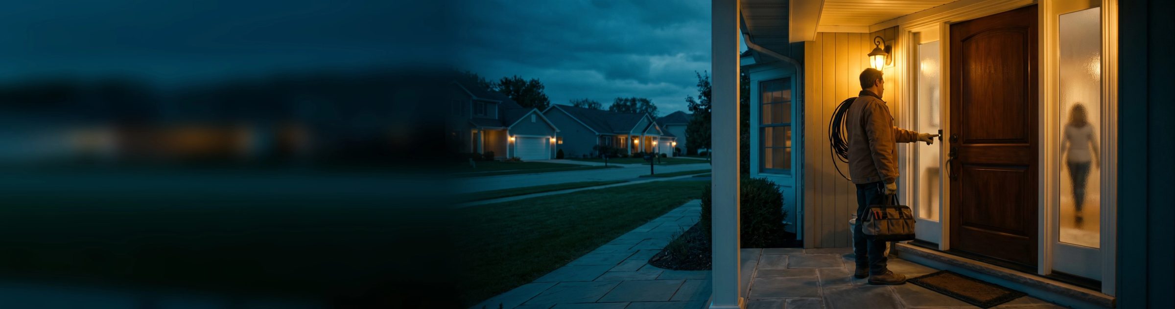 An electrician with a tool bag and a coil of cable ringing the doorbell of a suburban house at dusk under a glowing porch light, a homeowner walking to the door behind frosted glass