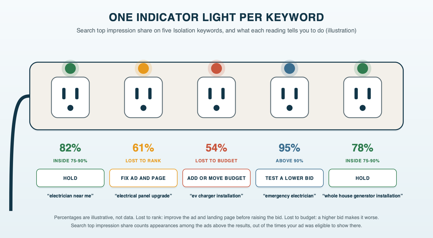 A power strip with five sockets, one for each key keyword, each with an indicator light: green for searches holding 75 to 90 percent of top-of-page impressions, amber for one losing the top to Ad Rank, red for one losing it to budget, and blue for one above 90 percent where a lower bid is worth testing
