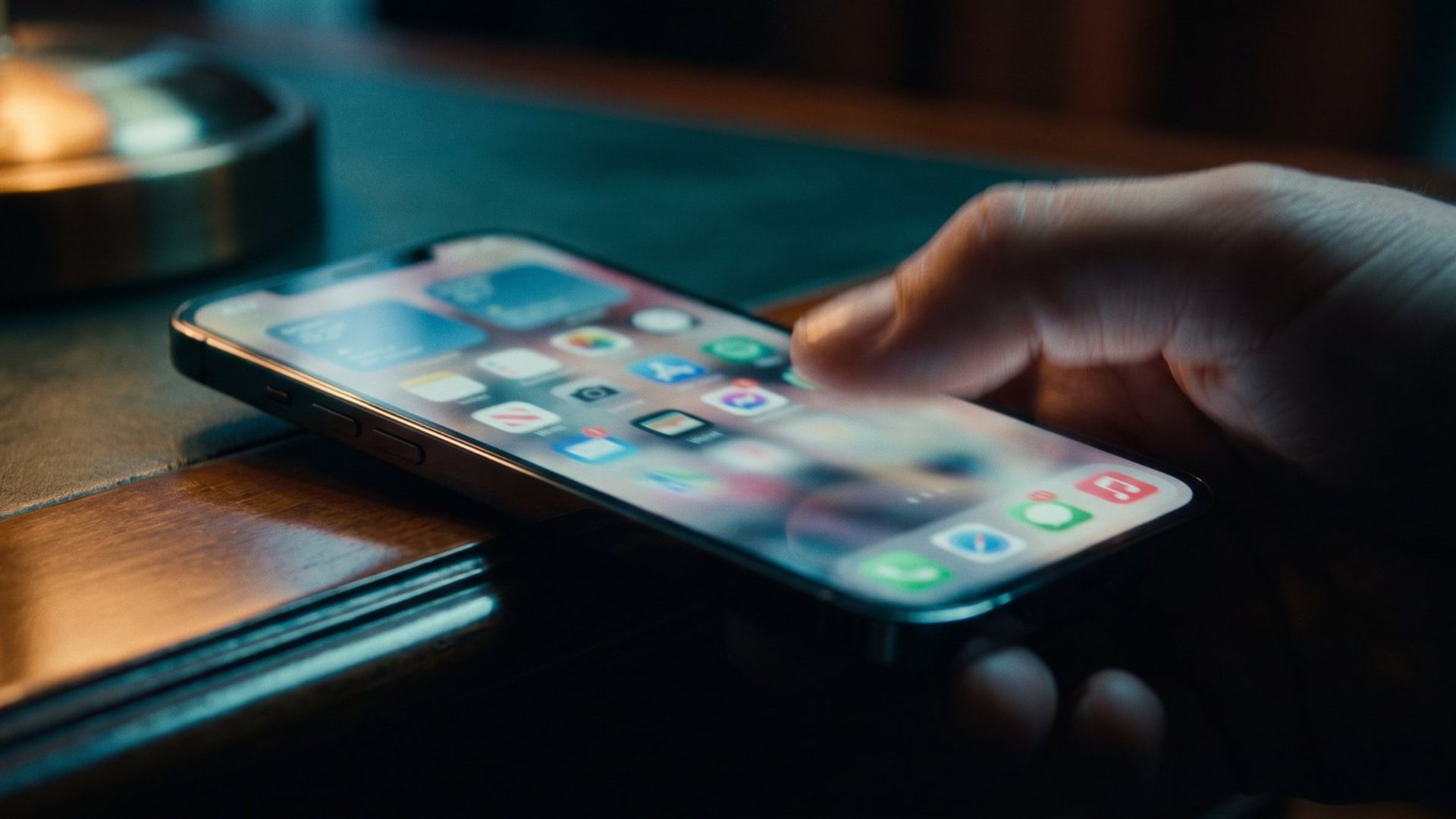 A hand resting on a lit smartphone on a dark desk, the screen glowing