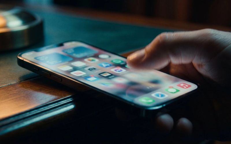 A hand resting on a lit smartphone on a dark desk, the screen glowing