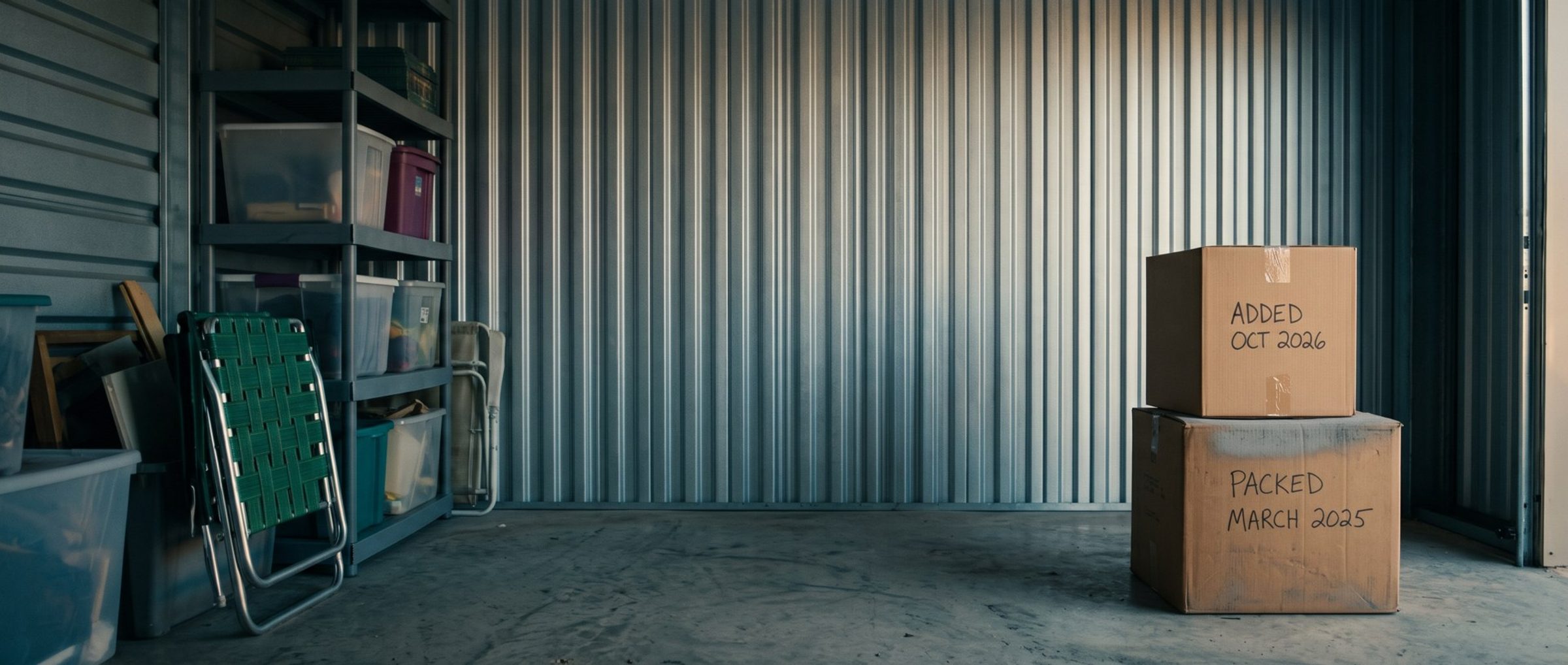 Inside a storage unit: shelves of plastic bins and a folded lawn chair along the left wall, and on the floor at right a dusty, worn moving box marked Packed March 2025 under a crisp new box marked Added Oct 2026