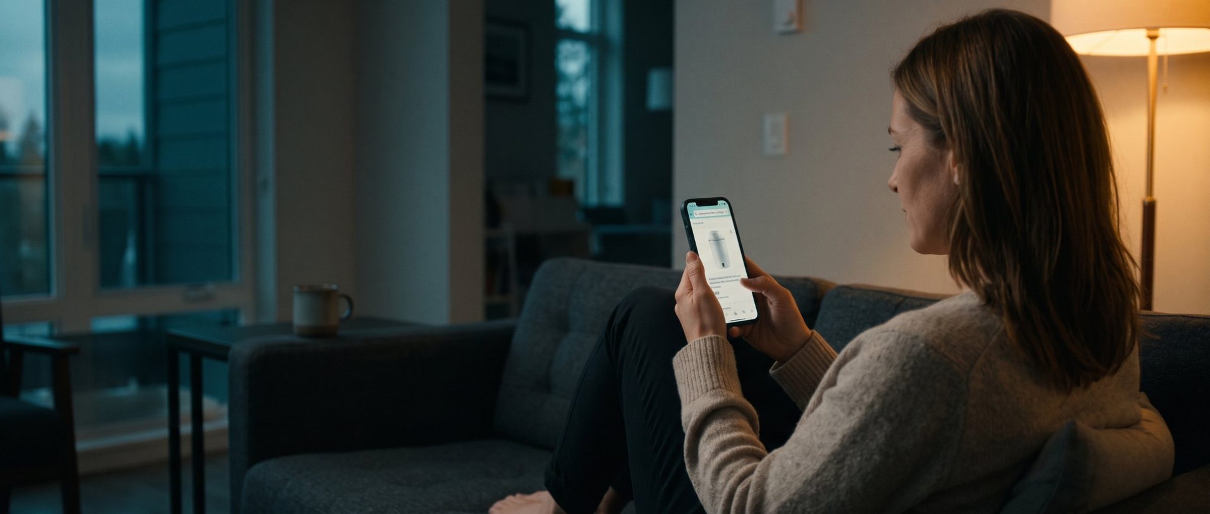 A woman on a gray couch in a dim living room at dusk, lit by a warm floor lamp, scrolling a search result for a replacement filter cartridge on her phone