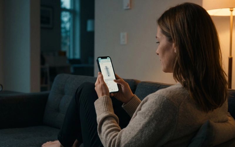 A woman on a gray couch in a dim living room at dusk, lit by a warm floor lamp, scrolling a search result for a replacement filter cartridge on her phone