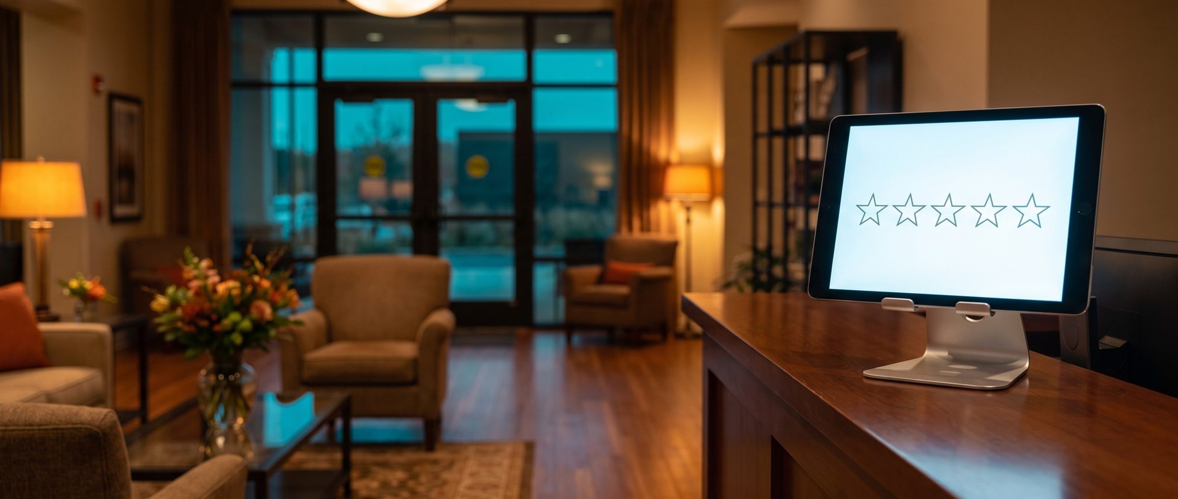 A tablet on a stand at a senior living community's front desk, its screen showing five empty star outlines, with the warm lobby and entrance softly out of focus behind it